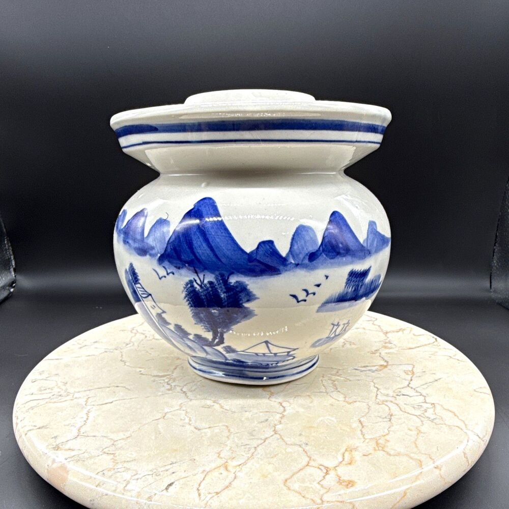 Chinese Blue & White Jar/Vase Mountain Landscape, Made in PRC